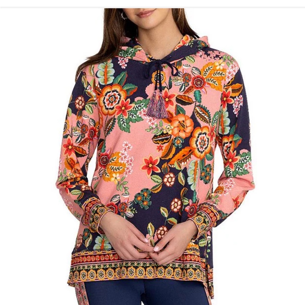 JOHNNY WAS Floral Print Cotton Stretch Knit Long Sleeve Tassel Hoodie XXL NWT